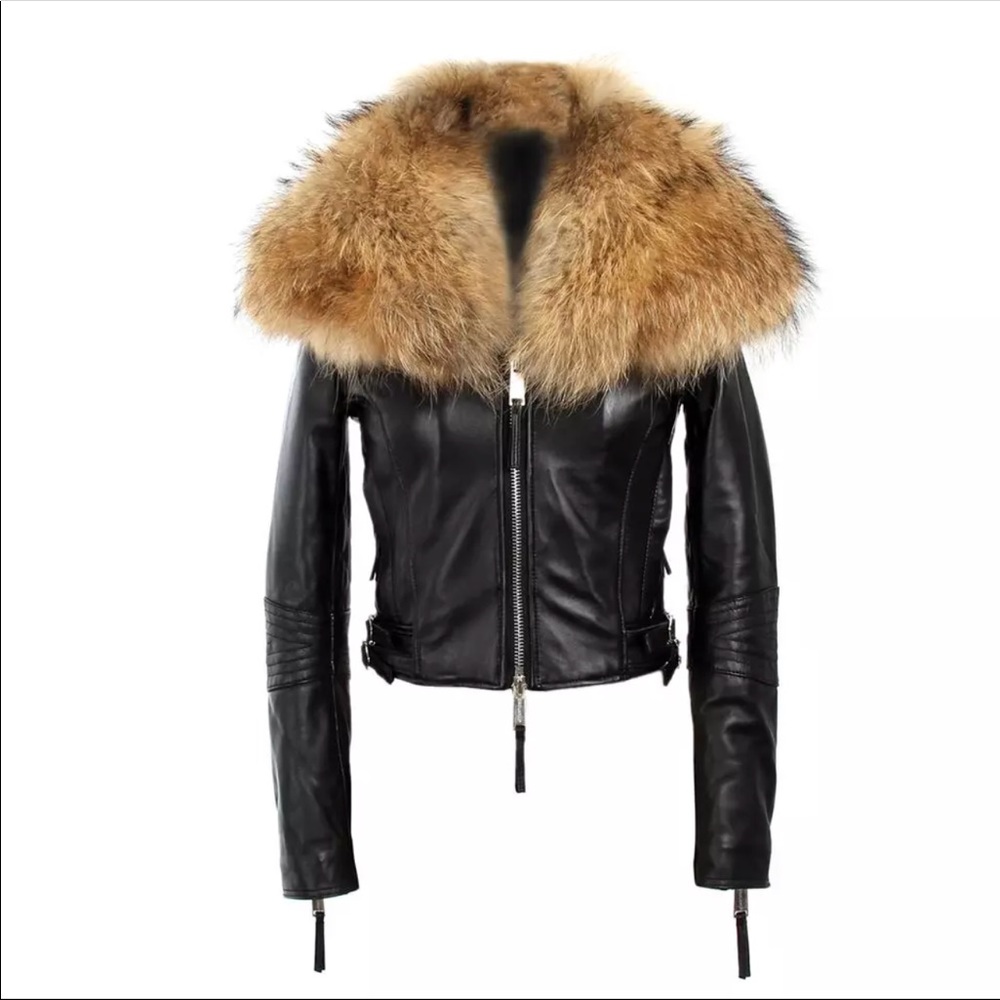 Leather Coat w/ large fur collar
